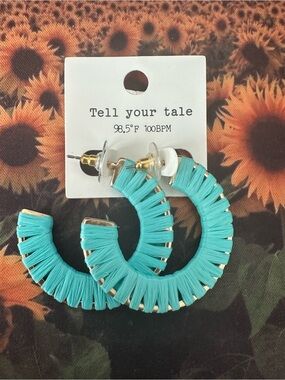 Tell Your Tale Gold Tone Turquoise Wrapped Hoop Raffia Earrings